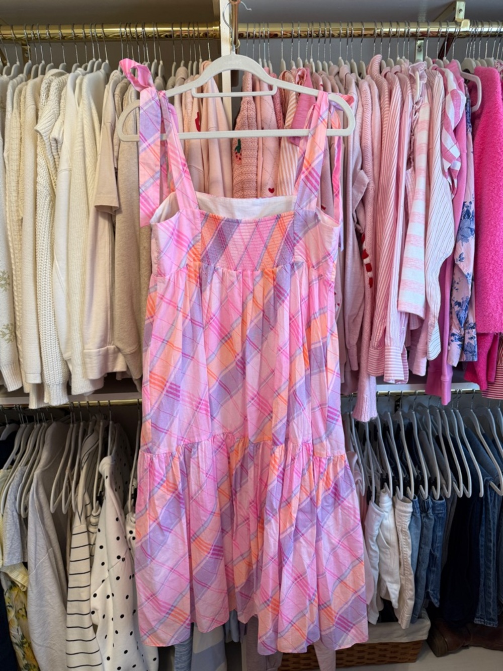 Lilly Pulitzer Pink Madras Plaid Tie-Shoulder Anlee Midi Dress - Picture 3 of 4